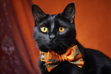 close-up of a black cat with an orange bow, created with generative aiの素材