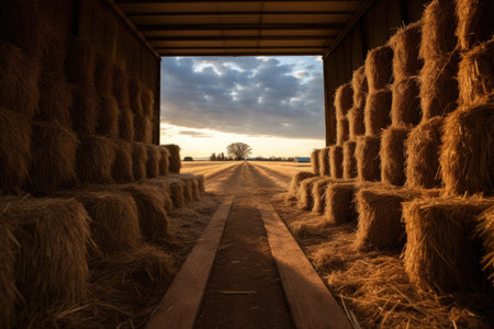 back of a hayride trailer filled with hay bales on a dirt road, created with generative aiの素材