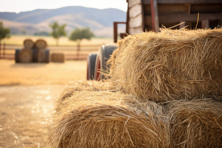 close-up view of hay bales in a rustic wooden wagon, created with generative aiの素材