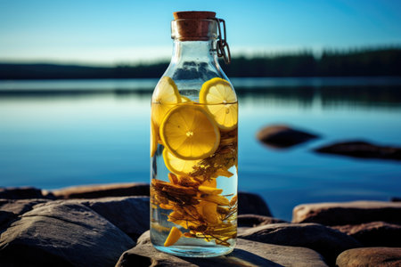clear water in a glass bottle with lemon slices, created with generative aiの素材