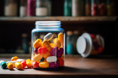 an opened jar of multivitamin tablets on a shelf, created with generative aiの素材