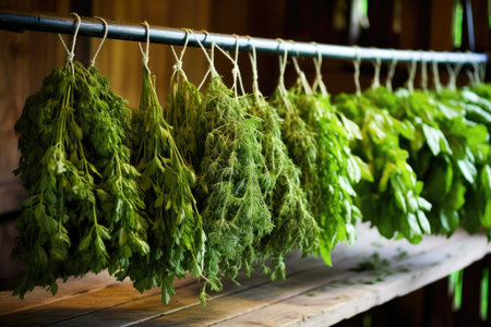 freshly harvested herbs being dried on a wire rack, created with generative aiの素材