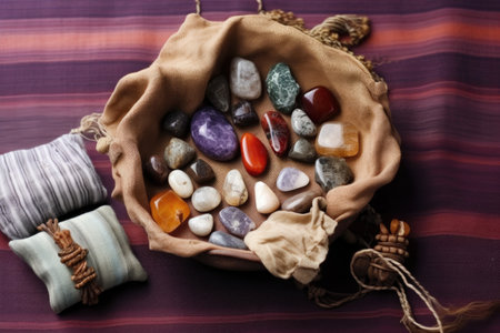 collection of various healing stones on wool fabric, created with generative aiの素材