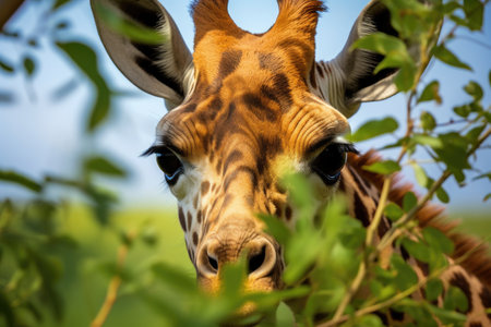 giraffe peeping from behind a small tree, created with generative aiの素材