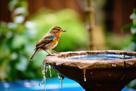 a bird drinking from a backyard birdbath, created with generative aiの素材
