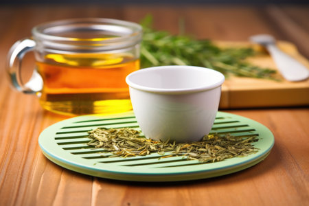 herbal tea preparation with infuser on a ceramic coaster, created with generative aiの素材