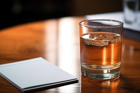 close-up of a glass of water on a table next to a notepad, created with generative aiの素材
