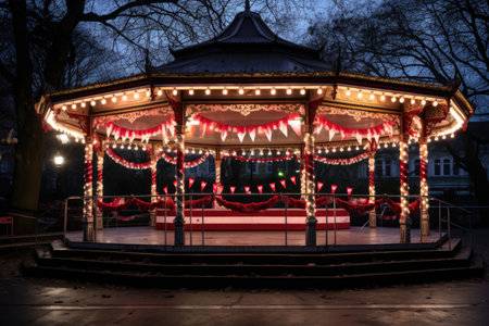 tinsel adorned bandstand ready for a boxing day concert, created with generative aiの素材