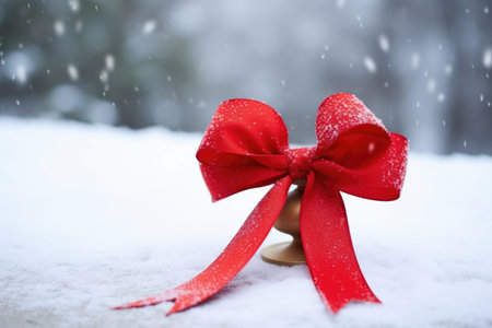 handbell with a bright red ribbon in the snow, created with generative aiの素材