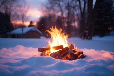 glow of a winter bonfire surrounded by snow, created with generative aiの素材
