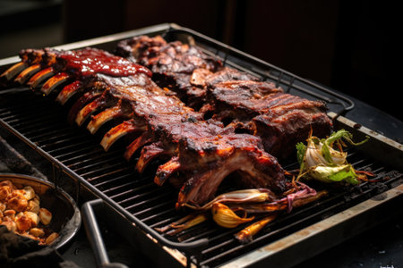 a half-eaten rib rack on a grilling tray, created with generative aiの素材