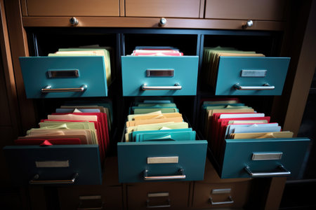 legal file folders neatly organized in a file cabinet, created with generative aiの素材