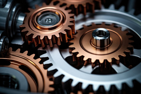 close-up of gears interlocking in a machine, created with generative aiの素材