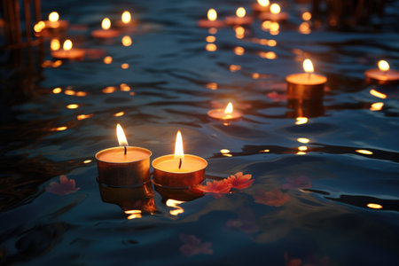 candles floating on a water surface, created with generative aiの素材