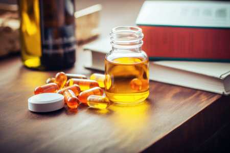 elderly care supplements near insurance papers, created with generative aiの素材