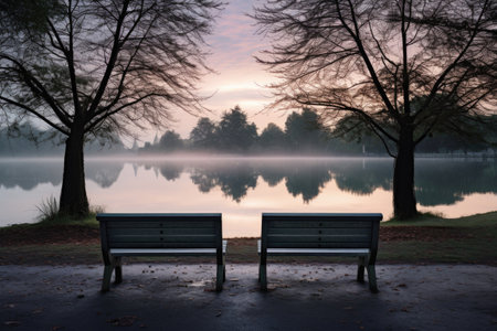 twin park benches facing a calm lake, created with generative aiの素材
