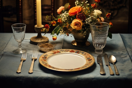 one place setting at a table for two, created with generative aiの素材