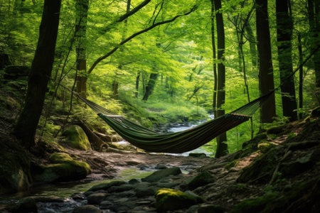 forest landscape with a secluded hammock, created with generative aiの素材