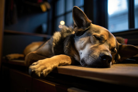 a sleeping dog in a quiet and dimly lit room, created with generative aiの素材