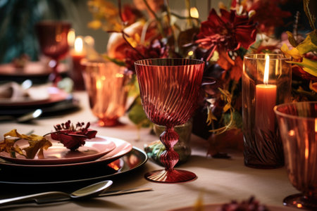 a beautifully set table with festive dinnerware, created with generative aiの素材