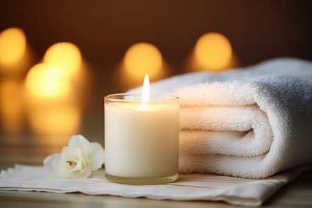 close-up of a lit scented candle next to a bath towel, created with generative aiの素材