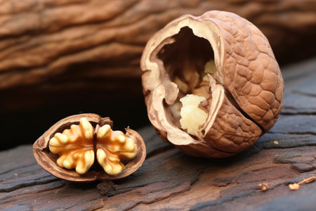 a broken walnut revealing its kernel, created with generative aiの素材