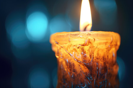 close-up of a lit candle wick with a soft glow, created with generative aiの素材