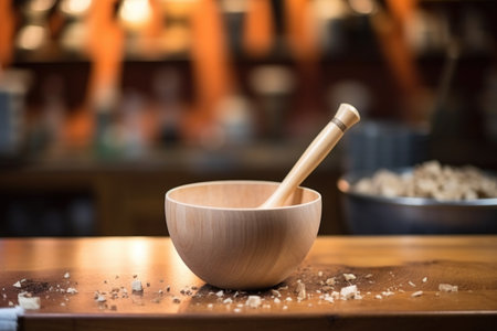 sound bowl with a wooden mallet on table, created with generative aiの素材
