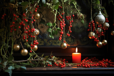 mistletoe softly illuminated by candlelight, surrounded by christmas baubles, created with generative aiの素材