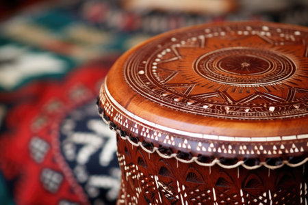 close-up on a djembe, an african drum with intricate designs, created with generative aiの素材