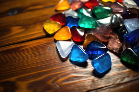 various colorful guitar picks scattered on a wooden table, created with generative aiの素材