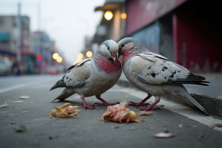 two doves sharing food on a pavement, created with generative aiの素材