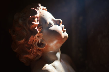 a terracotta figurine of baby jesus in a manger under soft light, created with generative aiの素材