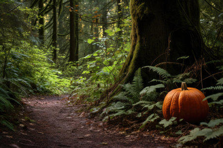 a pumpkin by a trail edge in a forest setting, created with generative aiの素材