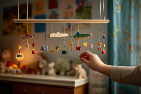 adult hand placing mobile with hanging toys over crib, created with generative aiの素材