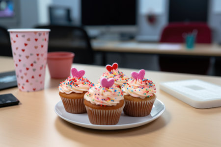 cupcakes with heart decorations on an office table, created with generative aiの素材