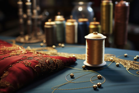 needle and thread on a fashion designers table, created with generative aiの素材