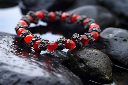 a macro shot of a beaded bracelet on a rough volcanic rock, created with generative aiの素材