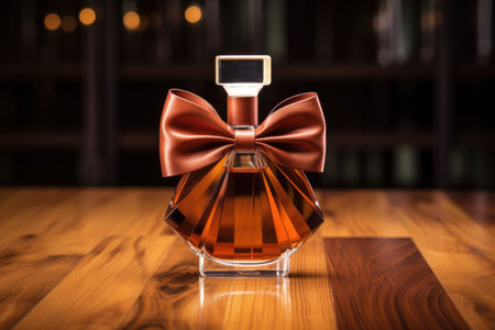 perfume bottle on a polished wooden table, bow tie beside it, created with generative aiの素材