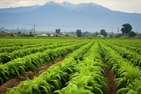 rows of green chili pepper plants with mountains in the background, created with generative aiの素材