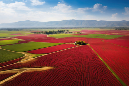 aerial view of vast, vibrant red chili pepper fields, created with generative aiの素材
