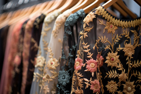 close up shot of embroidery details on evening dresses on a rack, created with generative aiの素材