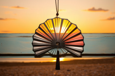 hand fan hanging from a beach huts wooden wall with the sunset in the background, created with generative aiの素材