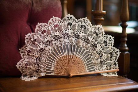 close-up of a lace hand fan on an antique wooden table, created with generative aiの素材