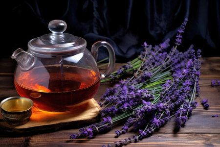 glass teapot containing lavender tea on a rustic table, with lavender sprigs around, created with generative aiの素材