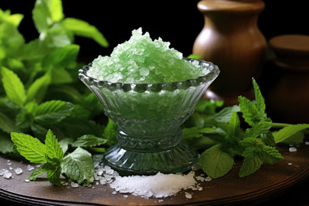 glass mortar with crushed mint leaves, surrounded by fresh mint sprigs, created with generative aiの素材