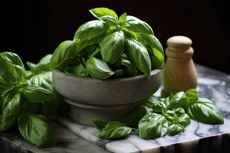 close-up of fresh basil leaves in a stone mortar with a pestle, created with generative aiの素材