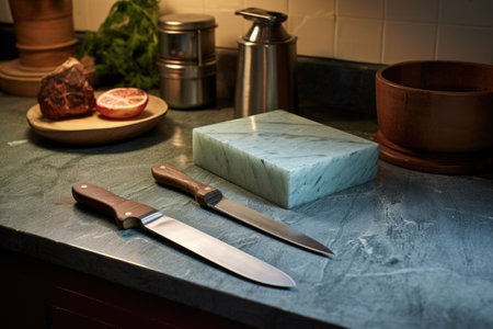 high angle view of a knife and sharpening stone on a kitchen counter, created with generative aiの素材