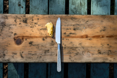 top view of a butter knife wedged into a weathered picnic table, created with generative aiの素材