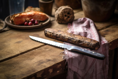 close-up of a kitchen knife embedded in a rustic wooden table, created with generative aiの素材